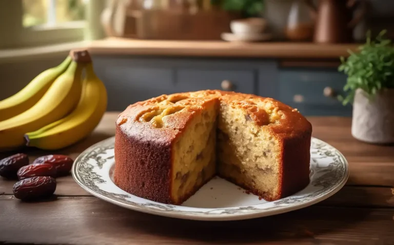 Lækker og svampet banankage på tallerken – banankage opskrift med perfekt gylden overflade og frisk bananskive som pynt.