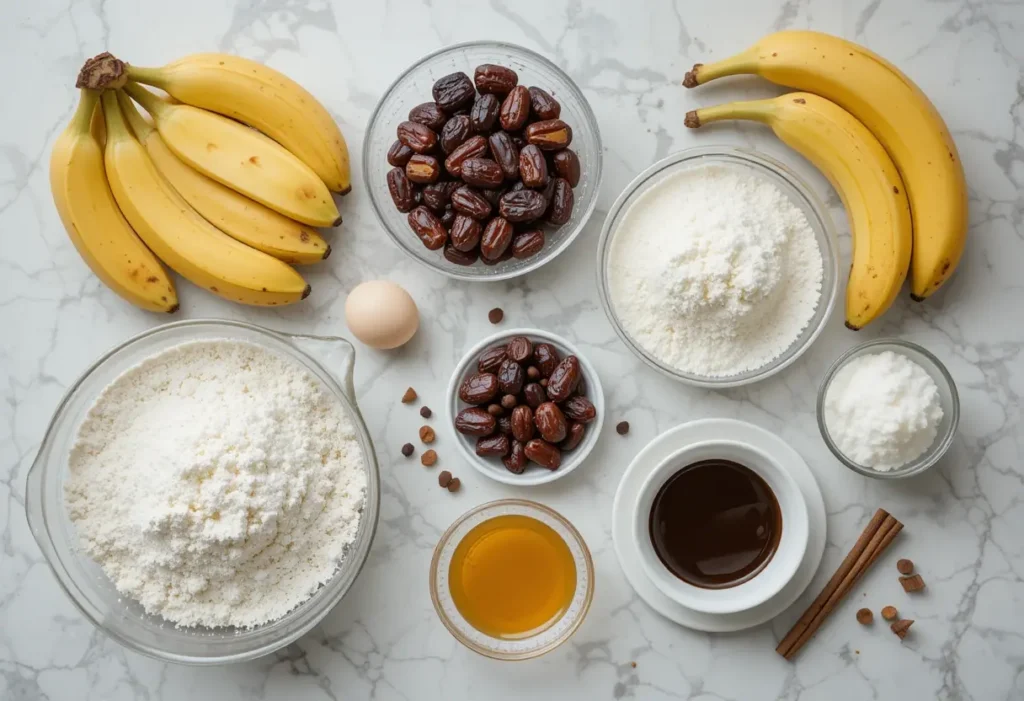 Ingredienser til banankage opskrift uden sukker – modne bananer, dadler, mel, æg, olie og vanilje lagt klar på køkkenbordet.