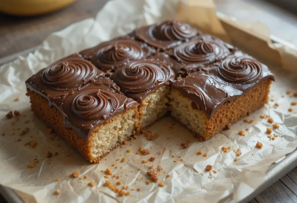Svampet banankage opskrift med cremet topping, skåret i firkanter og serveret på bagepapir i hyggelig, skandinavisk stil.