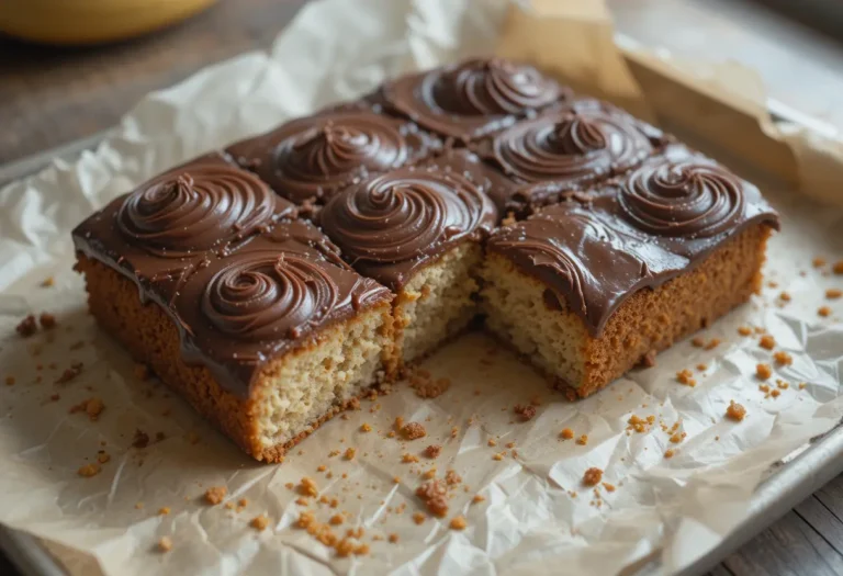Svampet banankage opskrift med cremet topping, skåret i firkanter og serveret på bagepapir i hyggelig, skandinavisk stil.